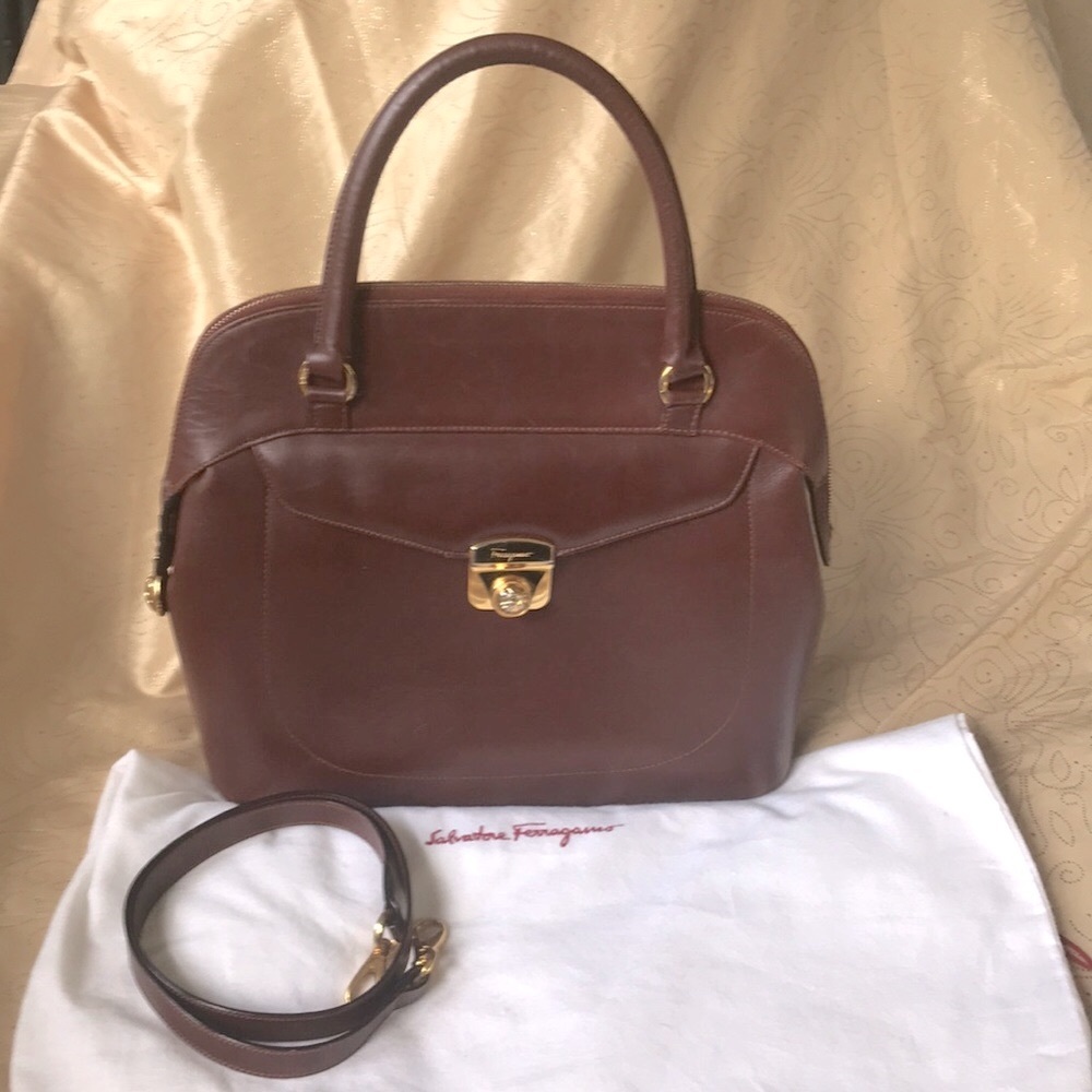 VTG convertible top handle brown leather Salvatore Ferragamo satchel w/ dust bag
